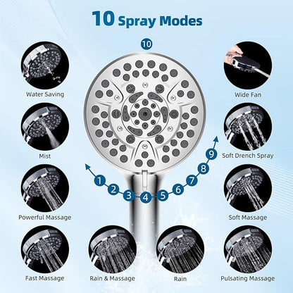 Hibbent All Metal Shower Head, 12'' High Pressure Rain Shower Head/Handheld Showerhead Combo with 16'' Adjustable Arc-shaped Extension Arm, 10 Sprays, 71'' Hose, Adhesive Showerhead Holder, Chrome
