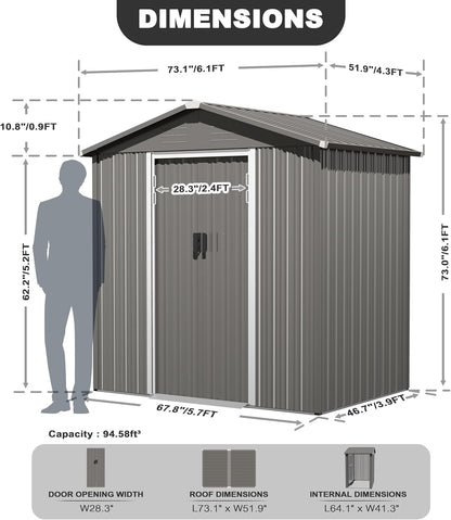 Nuu Garden 6 x 4 FT Outdoor Storage Shed with Sliding Doors, Galvanized Metal Garden Shed with Sloping Roof, Anti-Corrosion Outdoor Tool Shed with Air Vents for Backyard, Patio, Lawn, Gray