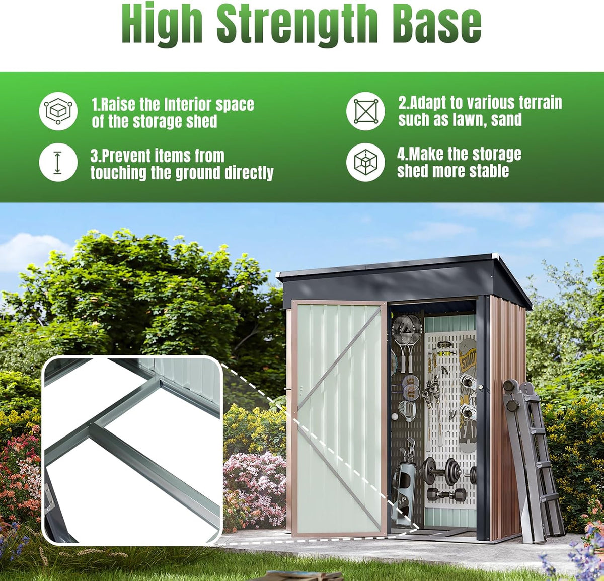 Aoxun 5'x3' Outdoor Storage Shed with Base Metal Garden Shed for Outside(Brown, 5' x 3'W/Base)