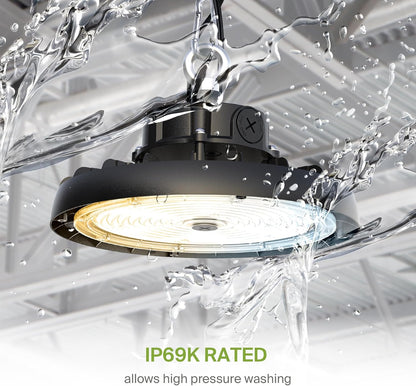 ASD LED High Bay UFO Light Fixture, Commercial Shop Lighting | 3CCT, Dimmable, IP69K Waterproof, DLC Premium, UL Listed | 150W 23600LM 3000-5000K 100-277V | Warehouse, Garage, Workshop Lamp | Black