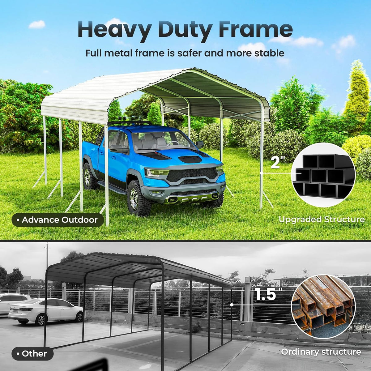 10X15ft Heavy Duty Metal Carport – Outdoor Galvanized Garage, Sturdy Structure, All-Weather Protection, Easy Assembly for Cars, Trucks, Boats, Tractors, and Outdoor Storage (White, 10x15FT)