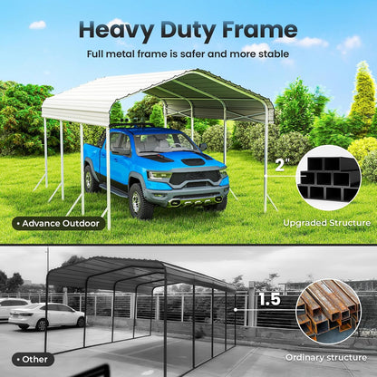 10X15ft Heavy Duty Metal Carport – Outdoor Galvanized Garage, Sturdy Structure, All-Weather Protection, Easy Assembly for Cars, Trucks, Boats, Tractors, and Outdoor Storage (White, 10x15FT)