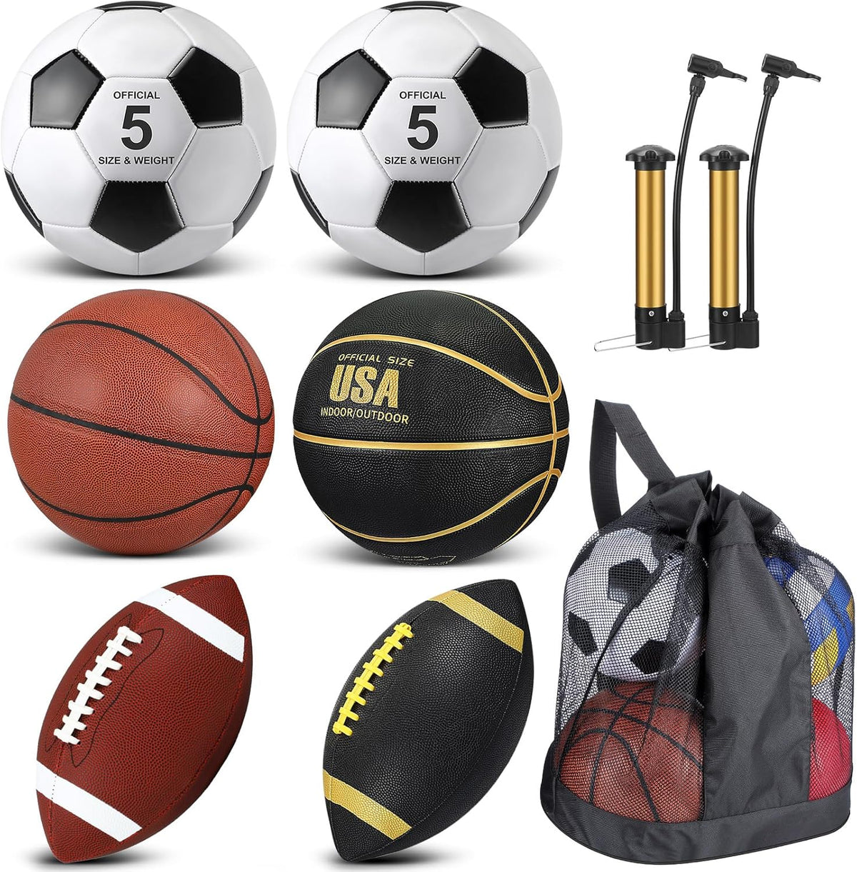 Sratte 6 Pcs Sports Balls Set for Kids Teens Adults Official Size Football Soccer Basketball with Pump Sports Equipment Bag for Youth Training Practice Gift Back to School