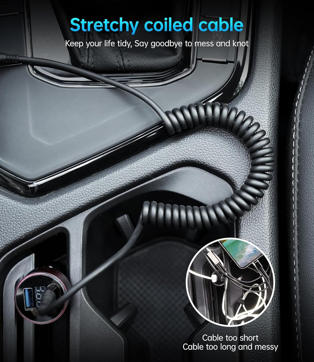 Coiled USB C to C Cable for Car 5FT, USB Type C Charger Cable 100W Short USBC Fast Charging Cable for iPhone 16/15/Pro/Plus/Pro Max/Samsung Galaxy S23, Compatible All Type C Devices-Black 2Pack