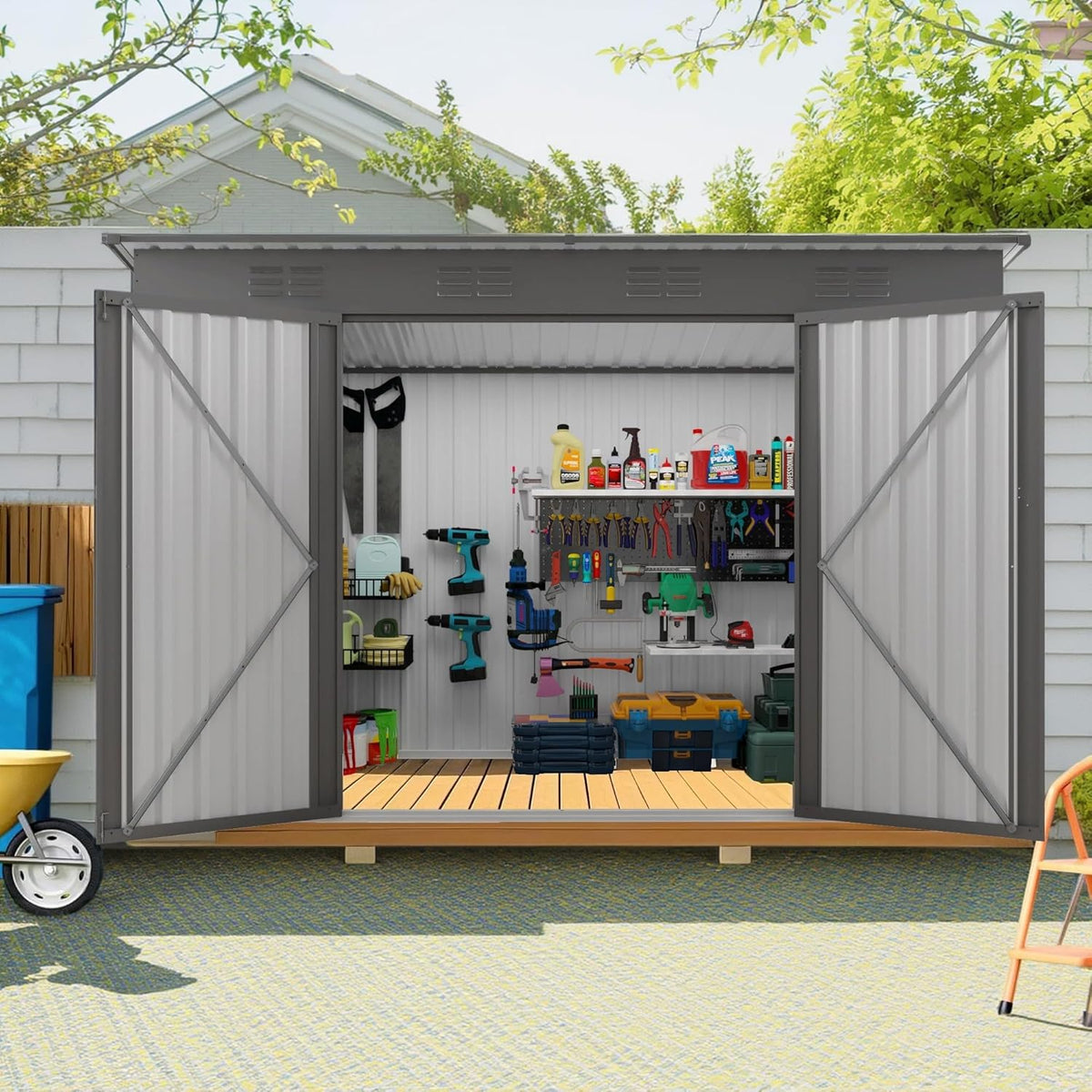 4 x 9 FT Metal Outdoor Storage Shed w/Lockable Door, Lean to Storage Sheds with Clear Window and Air Vents, All Weather Waterproof Garden Tool House for Backyard, Patio, Lawn, Gray