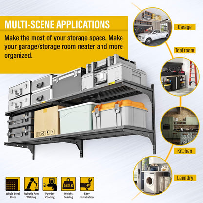 2-Pack×2 Tier 1.3x3ft Garage Shelving Wall Mounted, 800 lbs Load Capacity，15.6x36inch per Shelf Height Cassette Adjustable Floating Shelves（Total 4pcs）(Black)
