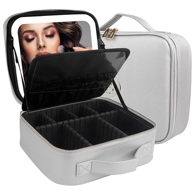 MOMIRA Makeup Bag with Mirror and Light Travel Makeup Train Case Cosmetic Bag Organizer Portable Artist Storage Bag with Adjustable Dividers Makeup Brushes Storage Organizer Silver