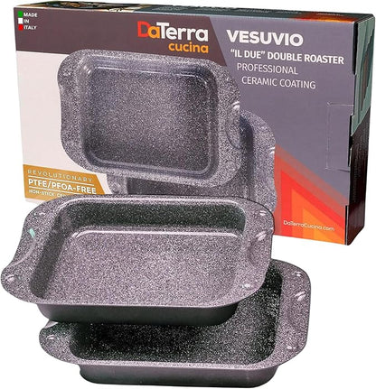 DaTerra Cucina - Nonstick Ceramic Coated Dual Roasting Pan Set – 2 Identical Pans, Oven Safe, Ideal for Roasting, Baking, Searing, Braising, Casseroles, Fits Most Toaster Ovens - 13 x 8 x 4.25