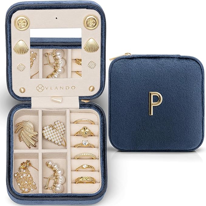 Vlando Jewelry Organizer Box, Small Jewelry Box for Women Girls, Initial P Travel Jewelry Case, Small Jewelry Organizer Case, Mini Travel Jewelry Box - Letter P, Dark Blue