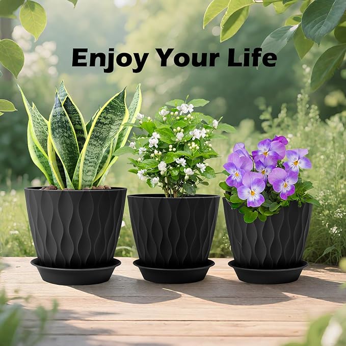 GARDIFE 7/6.5/6/5.5/5/4.5/4 inch Plant Pots, 7 Pack Flower Pots Indoor Outdoor, Planters with Drainage Holes and Tray Saucers (Black)