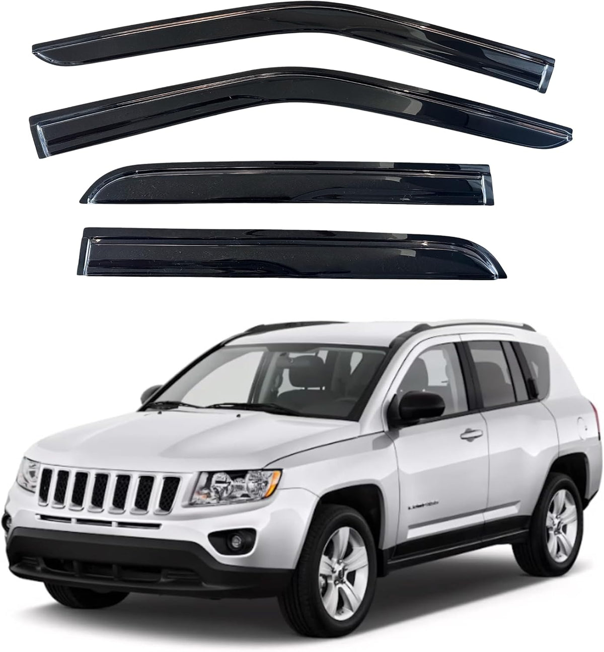 KPY Window Visor Compatible with Jeep Compass 2007-2016, 4PC Rain Guard Side Window Vent Deflectors Tape-On Mugen Style, 2007 2008 2009 2010 2011 2012 2013 2014 2015 2016