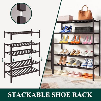 Smiry Bamboo Shoe Rack, 3 Tier Free Standing Wooden Shoe Organizer, Stackable Wood Shoe Storage Shelf for Closet, Entryway, 14 Vertical Slats, 2+1 Stack Heavy-Duty Legs, 26.8"x11"x19.5", Brown