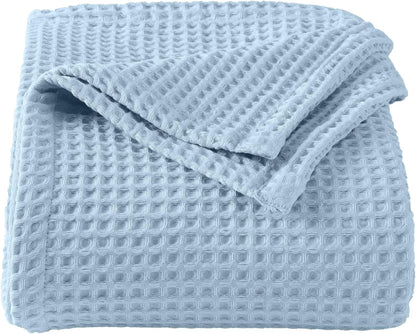 100% Cotton Waffle Weave Queen Bed Blanket | Soft, Breathable, and Lightweight Blanket for All-Seasons | Perfect for Layering | Brielle Collection (Full/Queen, Sky Blue)