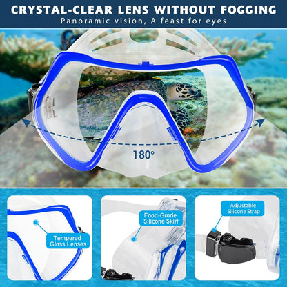 ZEEPORTE Mask Fin Snorkel Set, Travel Size Snorkeling Gear for Adults with Panoramic View Anti-Fog Mask, Trek Fins, Dry Top Snorkel and Gear Bag for Swimming Training, Snorkeling Kit Diving Packages