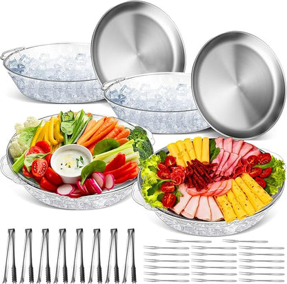 Baderke 4 Sets 11.8" Chilled Serving Tray for Parties Round Iced Platter with Ice Underneath Stainless Steel Clip Fruit Fork Shrimp Cocktail Serving Dish for Oysters Crawfish Fruits (Original)