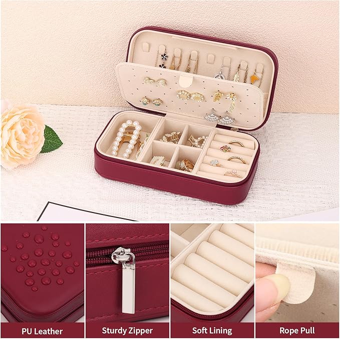 DesignSter Travel Jewelry Box, PU Leather Portable Jewelry Case, Small Jewelry Boxes for Gifts, Travel Jewelry Organizer for Women Rings Earrings Necklaces Bracelets (Wine Red)