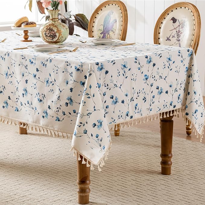 Rectangle Tablecloth Pastoral Style, Waterproof & Stain Resistant Table Cloth Wrinkle Free Table Cover for Dining/Kitchen/Patio, Washable Indoor & Outdoor Use, 55"X120" Blue