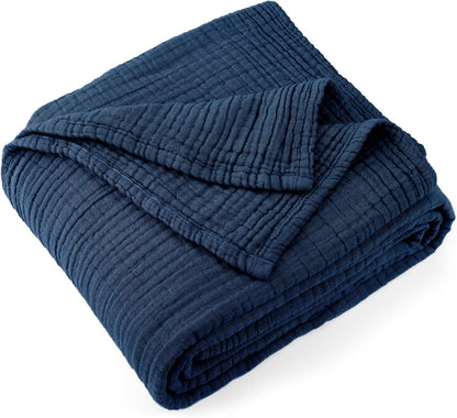 Carriediosa 100% Cotton Muslin Throw Blanket 50" X 70" Throw XL Size，4-Layers Summer Gauze Throws for Bed Couch，Soft Lightweight Breathable Linen Blankets Bedspread for Adults All Season，Navy Blue