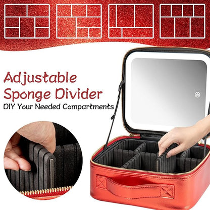 Makeup Travel Train Case with Mirror LED Light 3 Adjustable Brightness Large Cosmetic Bag Portable Storage Adjustable Partition Waterproof Brushes Make up Jewelry Gift for Women