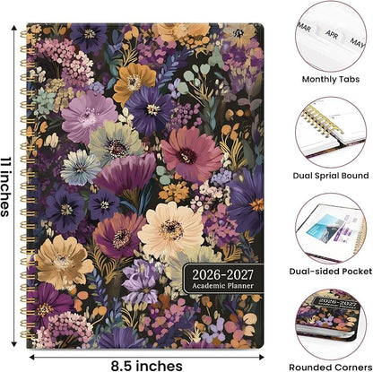 Planner 2026-2027, Academic Year Monthly & Weekly Planner Caledndar, July 2026 - June 2027, Hardcover Large Planning Agenda Book with Tabs for School Office Supplies, 8.5" x 11" - Midnight Bloom