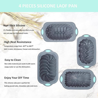 4 Piece Silicone Loaf Pan for Baking Bread, Non-Stick Kitchen Oven Bread Pan, Perfect for Banana Bread, Sandwich Bread, Pound Cake and Meatloaf, 4 Cups, Grey