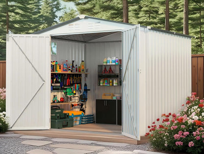 8X6 FT Outdoor Storage Shed with Window, Metal Garden Sheds w/Lockable Door and Vents, Waterproof Steel Tool House for Backyard, Patio, Lawn, Sundries & Utility Storage, White