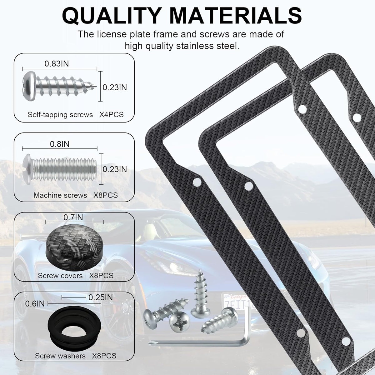 LivTee Carbon Fiber License Plate Frames, 2PCS Car License Plate Holder, 4 Holes Stainless Steel License Plate Covers, Automotive Exterior Accessories, Slim Design with Gasket Cover for US Cars