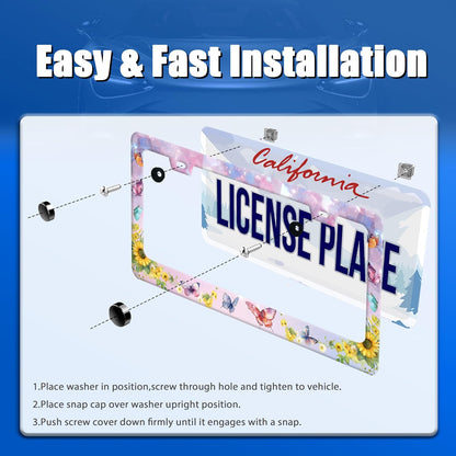 Beautiful Butterfly Sunflower License Plate Frame Yellow Floral License Plate Stainless Steel Funny License Plate Holder for Men Women Colorful Car Accessories Decoration 12.3" x 6.3"