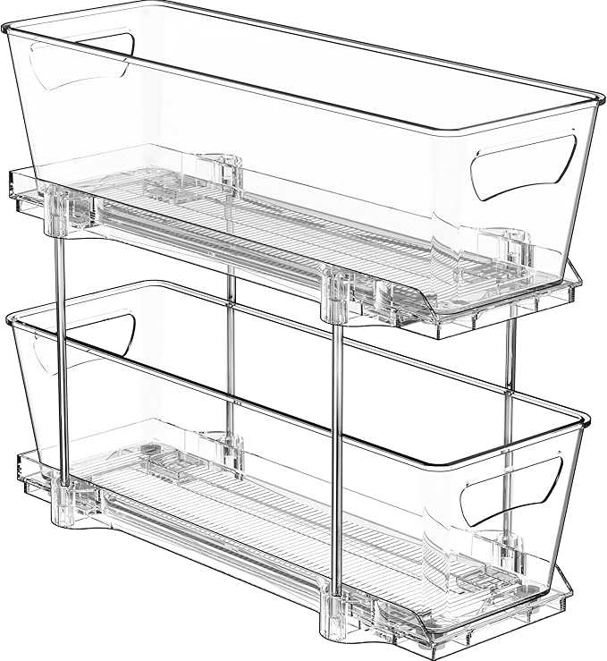 Simple Houseware 2-Tier Narrow Basket Drawer Cabinet Pull-Out Organizer, Clear