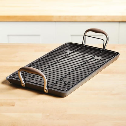 Anolon Advanced Home Hard Anodized Nonstick Double Burner Griddle/Grill Pan with Roasting Rack, 10 Inch x 18 Inch, Bronze