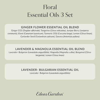 Edens Garden Floral Essential Oils 3 Set – 100% Pure Therapeutic Grade Aromatherapy Blends: Ginger Flower, Lavender & Magnolia – No Fragrance Oil, Undiluted for Diffuser & Home Aroma, 10 ml/ 3 Pack