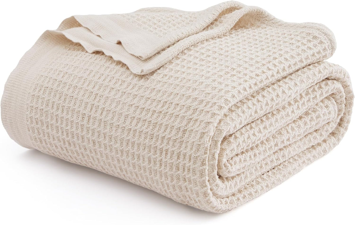 Bedsure 100% Cotton Blanket King Size for Bed - Breathable and Soft, Waffle Weave Blanket for Summer, Thick Cozy Fall Blankets for Women Gift, Khaki (a Little Bit Yellow), 104x90 inches