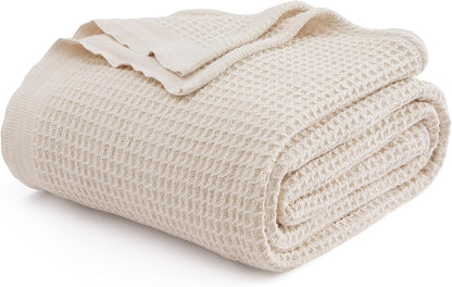 Bedsure 100% Cotton Blanket King Size for Bed - Breathable and Soft, Waffle Weave Blanket for Summer, Thick Cozy Fall Blankets for Women Gift, Khaki (a Little Bit Yellow), 104x90 inches