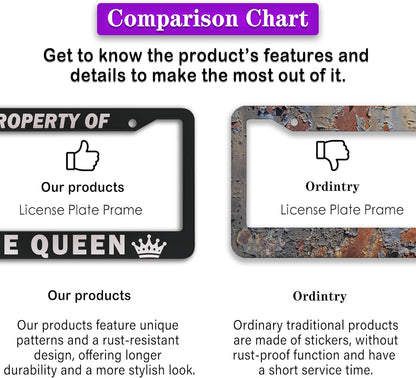 License Plate Frame Black and White License Plate Holder Property of The Queen Universal Aluminum Car Accessory 2 Pack with Screw Covers Set