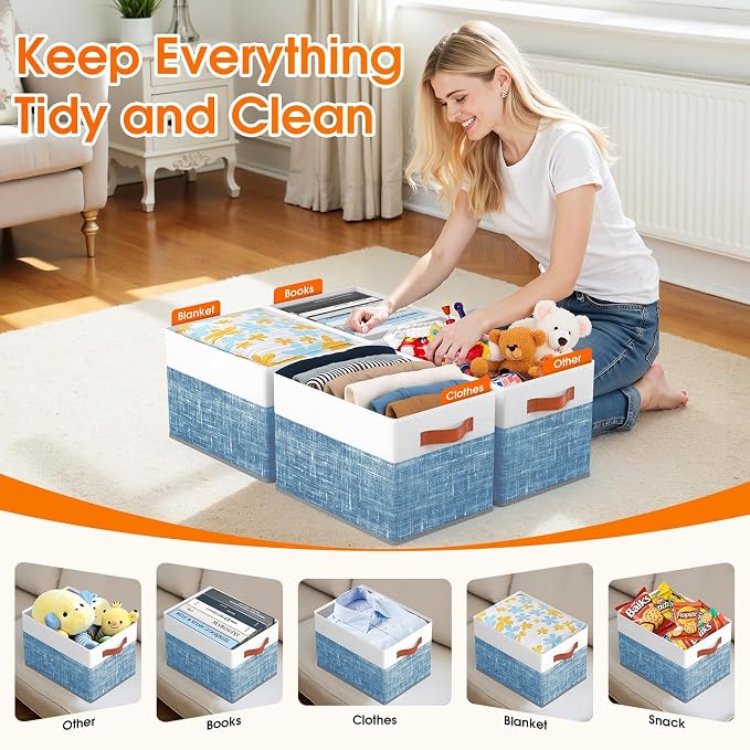 Fab totes Collapsible Storage Baskets for Shelves,14"x10", 4 Pack Foldable Fabric Storage Bins with Double Leather Handles, Large Baskets for Organizing Books, Clothes, White & Blue