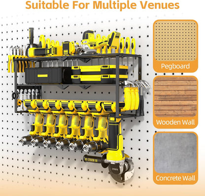 Power Tool Organizer Wall Mount Cordless,15 Min Fast Install Metal Garage Tool Storage Organizer Heavy Duty 3 Layers 7 Drill Power Tool Holder Storage Rack Tool Shelf Wall Mount for Shop Organization