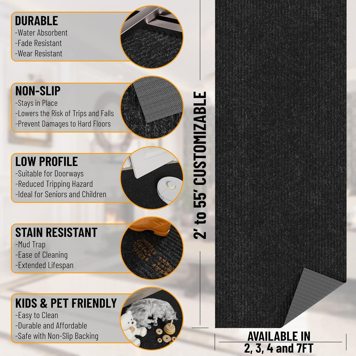 Ottomanson 2' x 11' Hallway Runner with Scraper Pile Extra Durable Non-Slip Rug Mat for Indoor & Outdoor Use - Ideal for Kitchen, Entryway, Patio & Garage - High-Traffic Carpet, Black