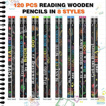 Pasimy 120 Pcs Reading Motivational Pencils Bulk Black Novelty Wooden Pencils with Eraser Classroom Inspirational Pen with Sayings for Kids Student Teacher School Reward Gifts Stationery Party