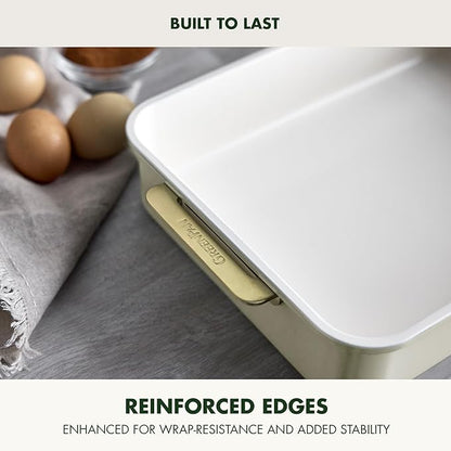 GreenPan Bakeware 13” x 9” Rectangular Cake Pan, Ceramic Nonstick Baking Pan, PFAS & BPA Free, Gold Handles, Durable Steel, Freezer to Oven Dish, Scratch Resistant, Bake & Roast Ovenware, Cream
