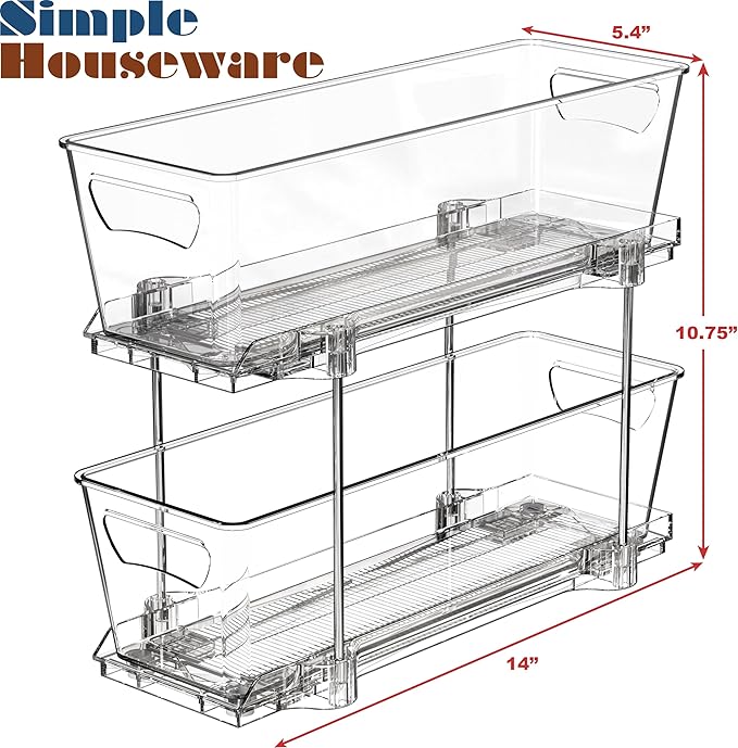 Simple Houseware 2-Tier Narrow Basket Drawer Cabinet Pull-Out Organizer, Clear