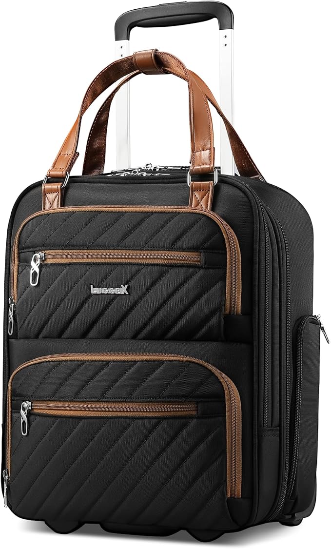 LUGGEX Underseat Carry On Luggage with Wheels, Stylish Lightweight Under Seat Luggage, Soft Sided Personal Item Suitcase for Short Trip (Chestnut Black, 16 Inch)