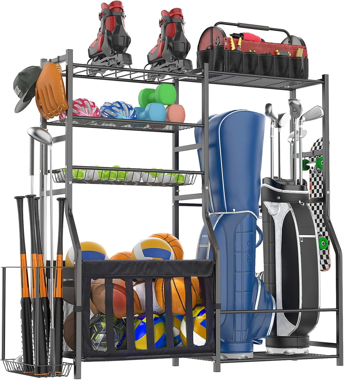 Garage Sports Equipment Organizer, Strong Load Bearing Golf Bag Organizer, Multi Use Golf Ball Rack Basketball Rack for Sports Gear and Outdoor Toy Ball Storage