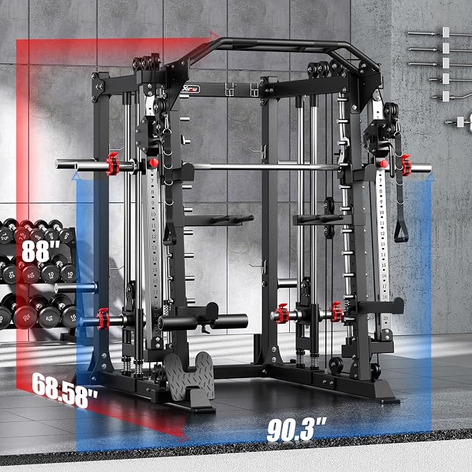 Smith Machine，Multi-Function Squat Rack Power Cage with Cable Crossover System,with Optional Weight Bench, Olympic Barbell Weight Set, for Home Gym