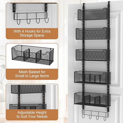 VyGrow Over The Door Organizer, Metal Door Organizer Hanging with 5 Adjustable Baskets and Coat Hook, Behind The Door Storage for Bedroom Closet Bathroom Pantry Cabinet Kitchen, Black