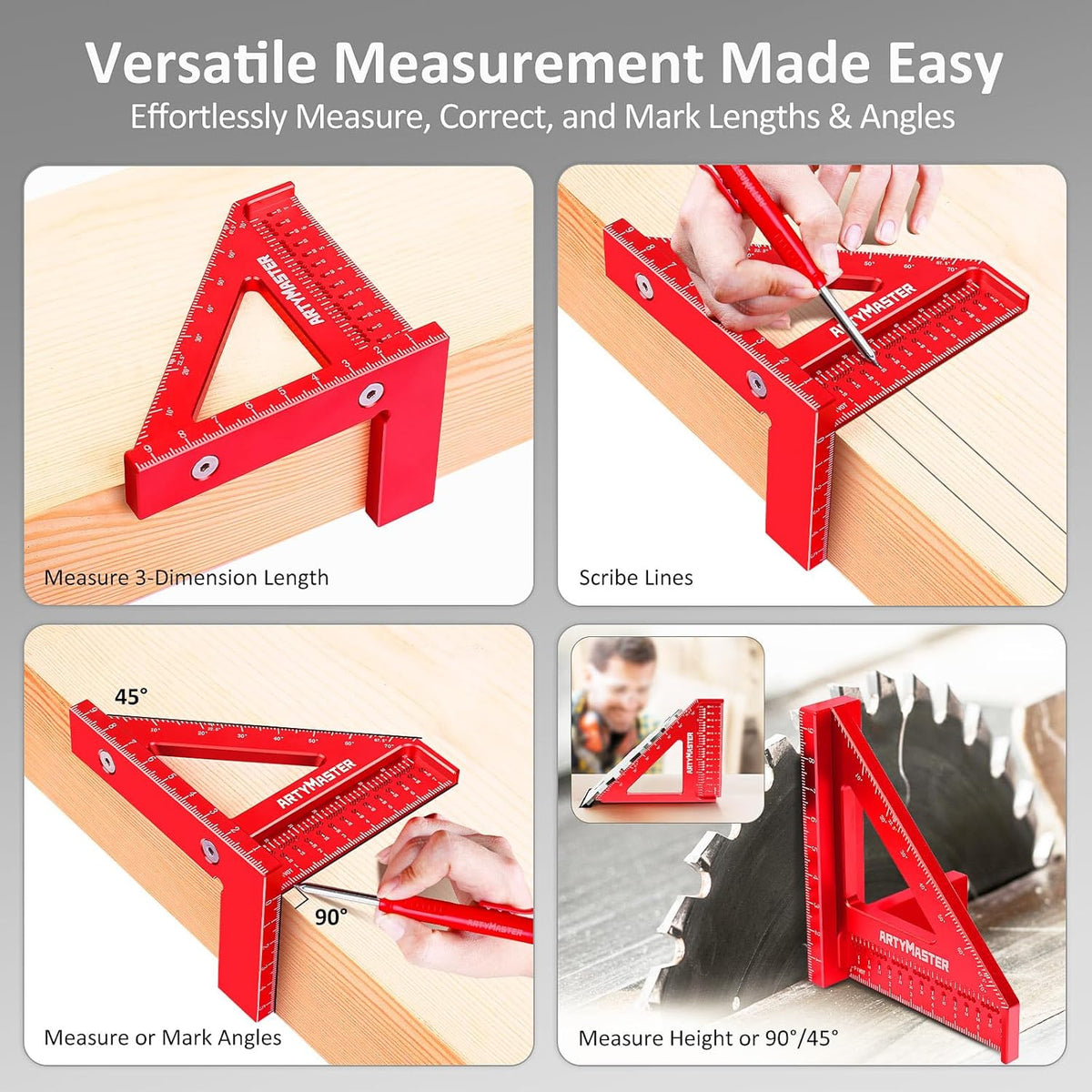 Mini 3D Multi-Angle Measuring Square Ruler, WT102C High Precision Hole Scribing Woodworking Tools, 0-90° Aluminum Alloy Carpenter Square Metric Wood Working Tools