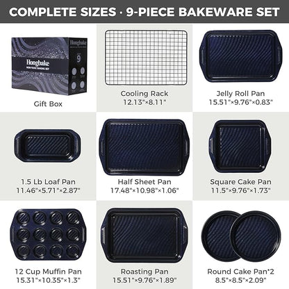 HONGBAKE 9-Piece Non Stick Baking Pans Set with Wave Texture for Reduced Oil, 0.8mm Thick Non Toxic Bakeware Sets, Includes Stackable Cookie Sheets for Oven Cooking, Cake Pan, Muffin Pan, Blue