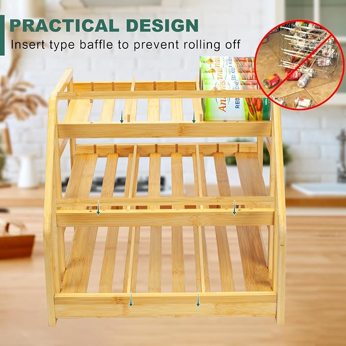 MinBoo Bamboo Can Rack Organizer, Kitchen Pantry Storage, 36 Can Capacity, Tilt Design
