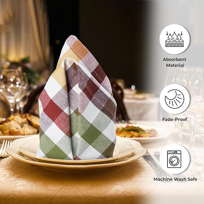 Urban Villa Cloth Napkins Harvest Checks Dinner Napkins Set of 12 20X20 100% Cotton Absorbent Washable Durable Reusable Cloth Napkins Ideal for Farmhouse Party Thanksgiving Harvest Fall Dinner Napkins