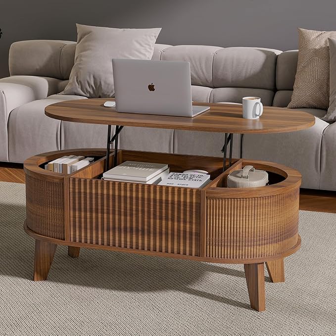 LYNCOHOME Fluted Lift Top Coffee Table with Storage,Modern Oval Coffee Table for Living Room or Home Office（Walnut）