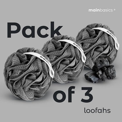 MainBasics Charcoal Infused Bath Shower Loofah Sponge Pouf Body Wash Scrubber (Set of 3)